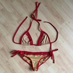 Chynna Dolls Top & Bottom Bikini Set Red Lace & Gold